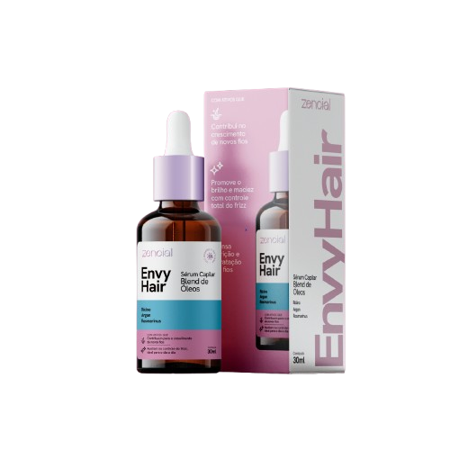 “Frasco individual do EnvyHair Blend de Óleos com embalagem oficial destacando benefícios do produto.”