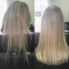 “Antes e depois do EnvyHair mostrando cabelo loiro mais forte, alinhado e sem frizz.”